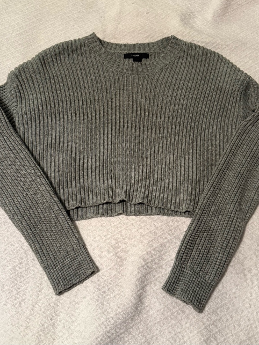 Forever 21 Olive Gray Ribbed Cropped Crewneck Sweater